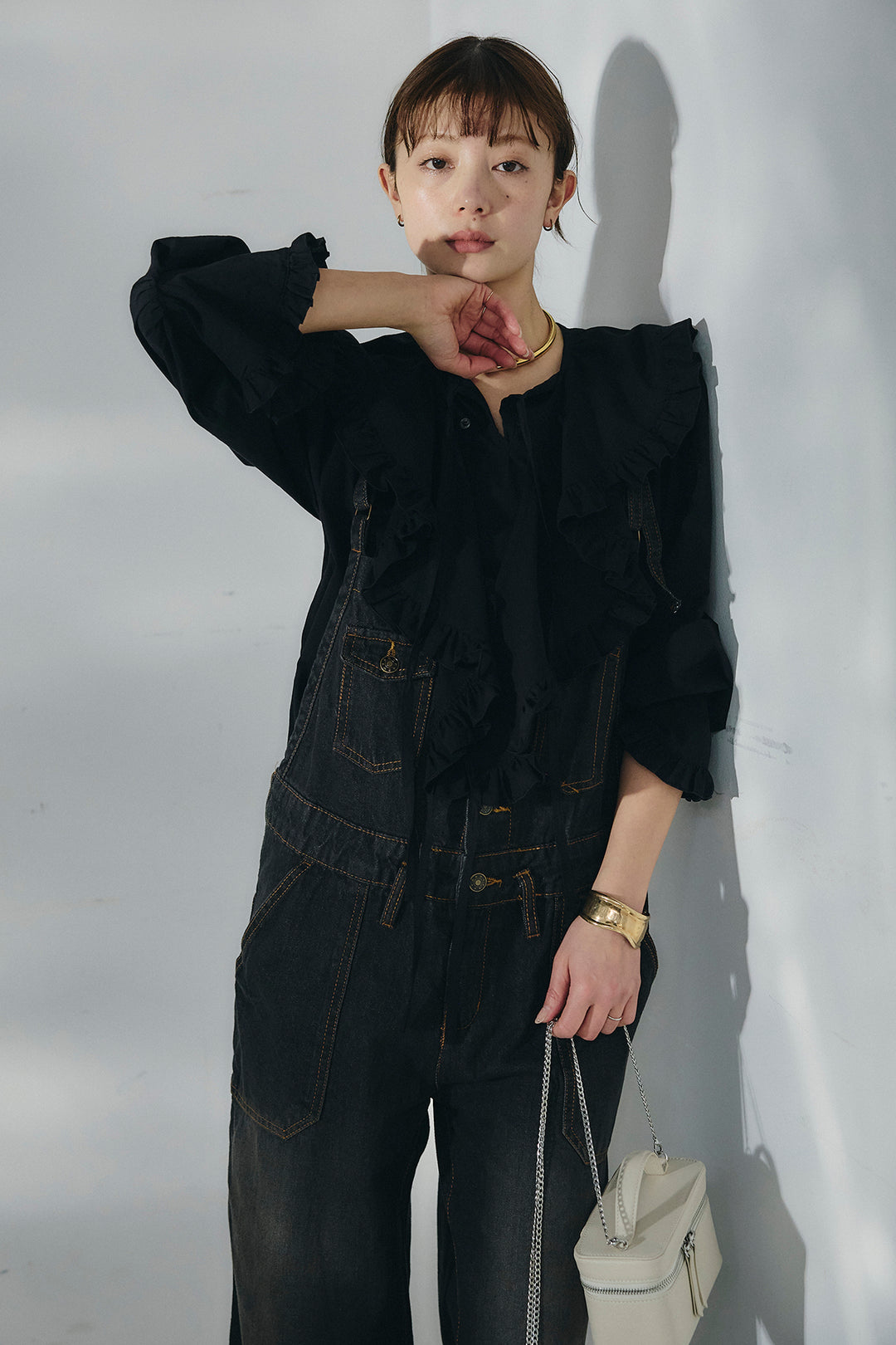 [SET]コットンフリルブラウス+デニムサロペットワイドパンツ(2set)