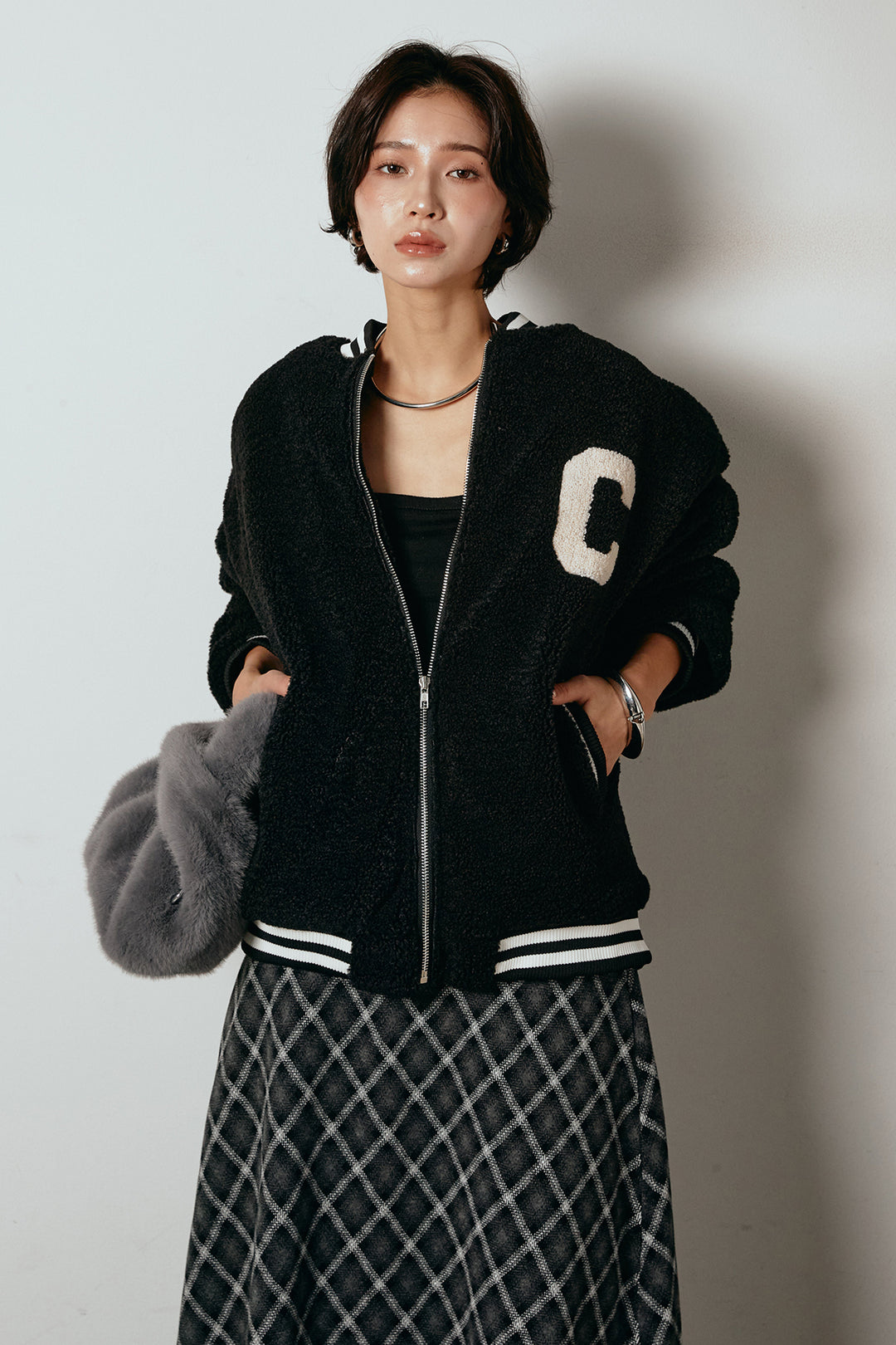 [SET]ロゴスタジャンボアブルゾン+フロッキー起毛チェックスカート(2set)