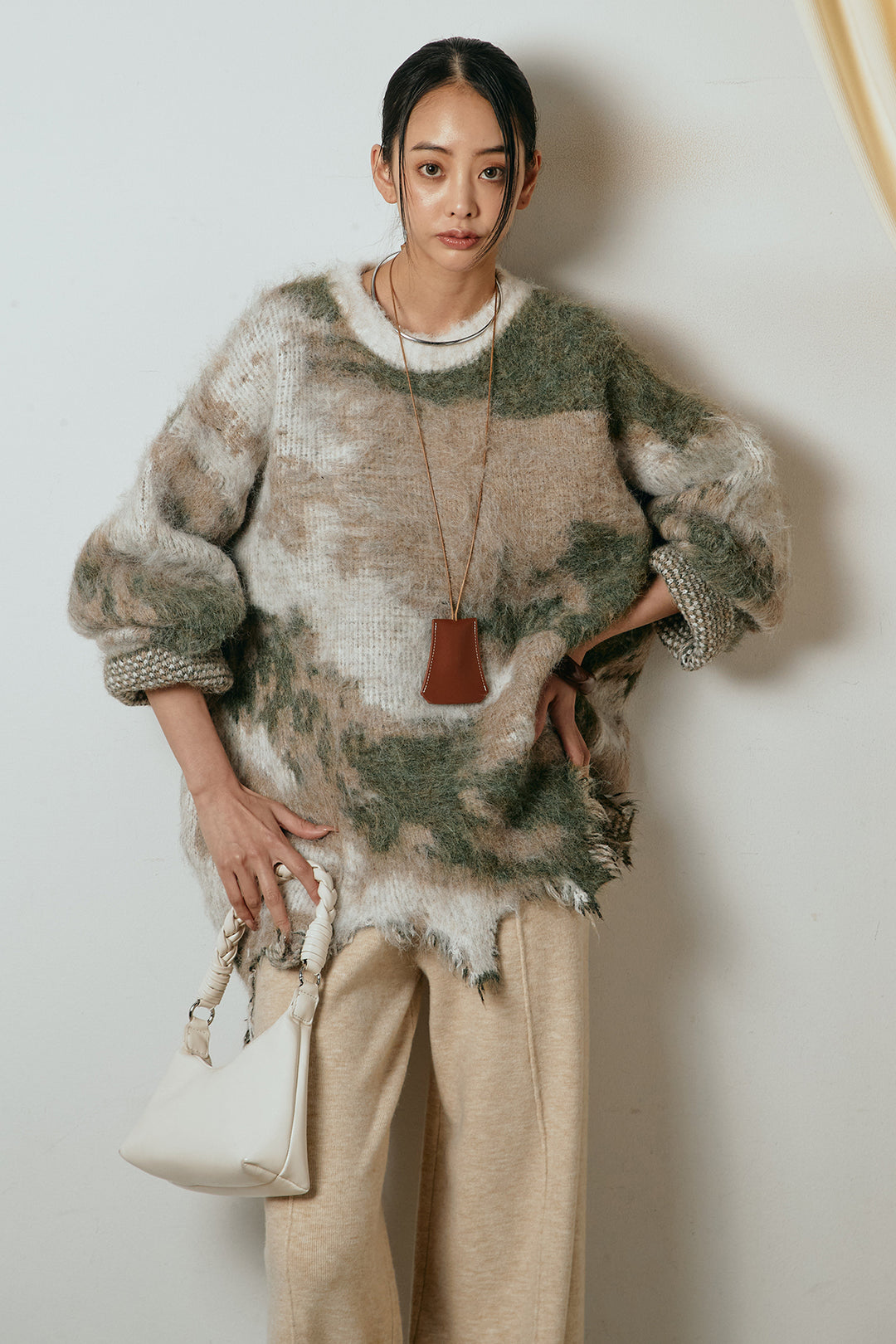 [SET]起毛裾デザインニュアンス柄ニットトップス+センターラインニットパンツ(2set)