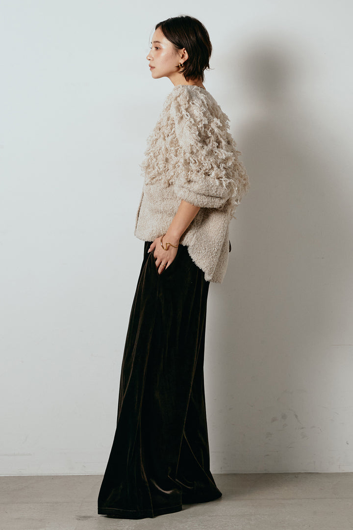 [SET]ループ編みVネックニットカーディガン+ベロアサスペンダー付きパンツ(2set)