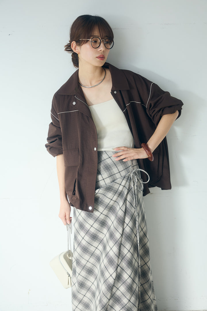 [SET]合繊ツイルバルーンジャケット+タータンチェック柄フロントデザインスカート(2set)