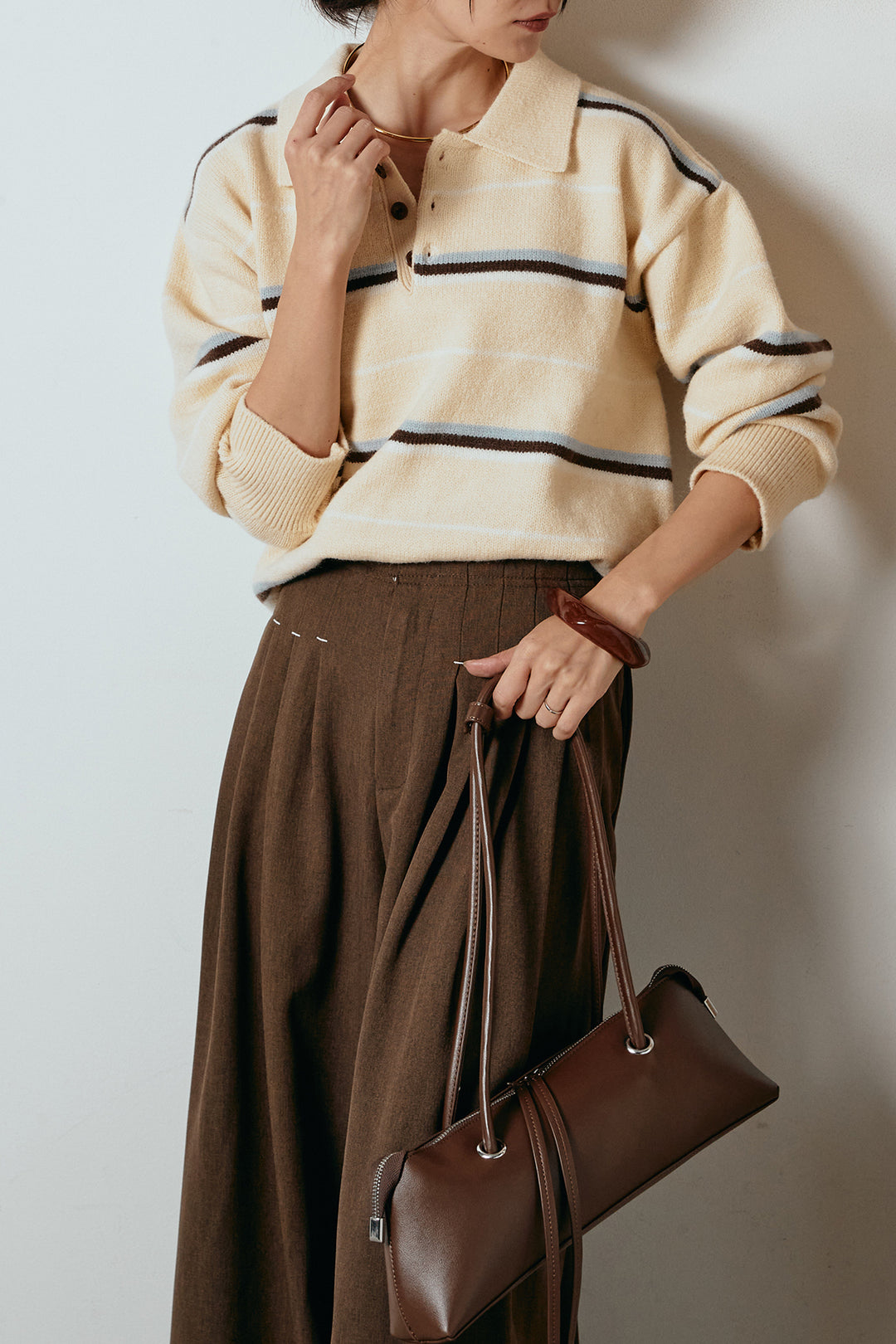 [SET]襟付きマルチボーダーニットポロトップス+ウエストステッチデザインワイドスラックス(2set)