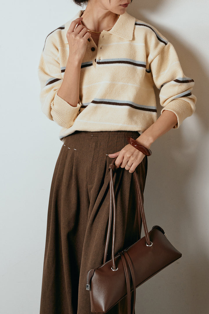 [SET]襟付きマルチボーダーニットポロトップス+ウエストステッチデザインワイドスラックス(2set)