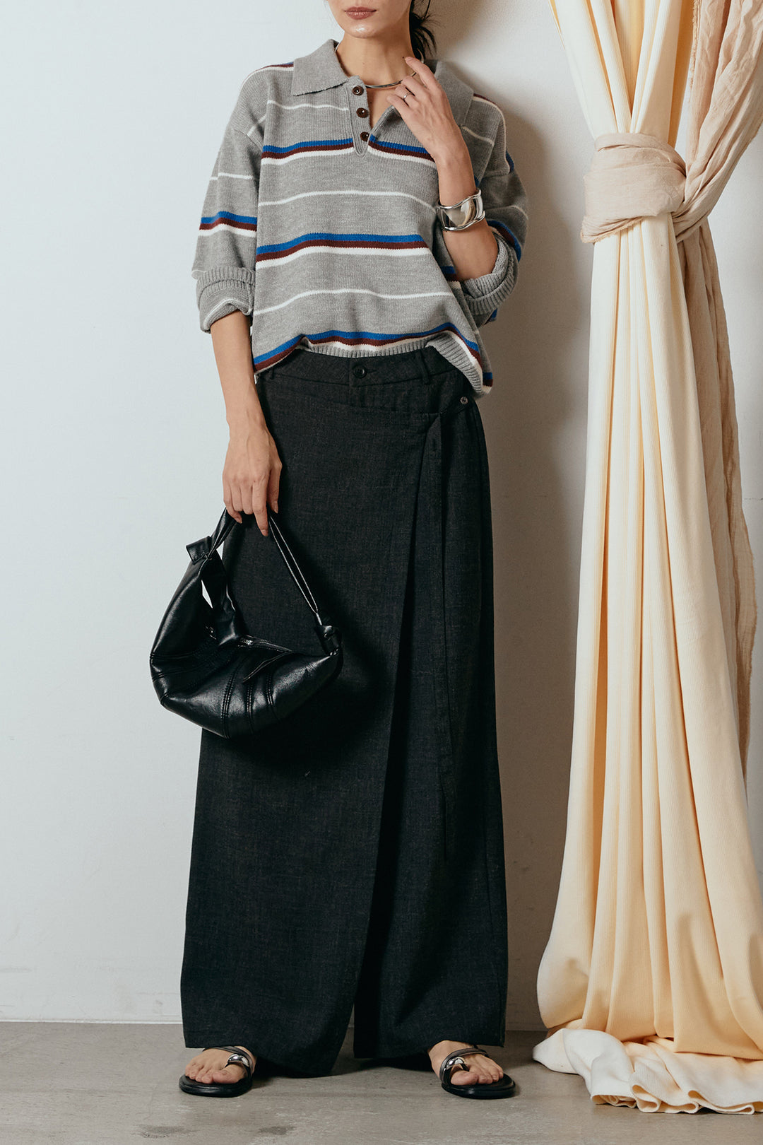 [SET]襟付きマルチボーダーニットポロトップス+ラップ巻きワイドスラックス(2set)