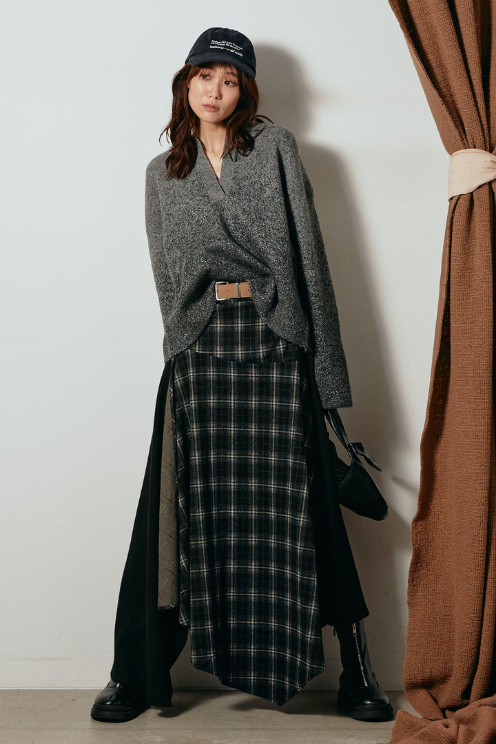 [SET]グラデーションラメニットキーネックプルオーバー+フェイクレザーベルト付き切り替えタータンチェックスカート(2set)