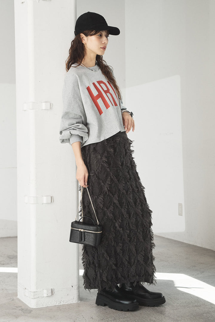 [SET]ビッグロゴHRU袖ボリュームトップス+カットフリンジニットタイトスカート(2set)