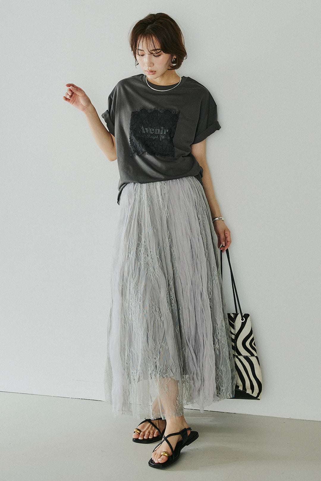 [SET]レースロゴ刺繍Tシャツ+レースコンビワッシャーギャザースカート(2set)