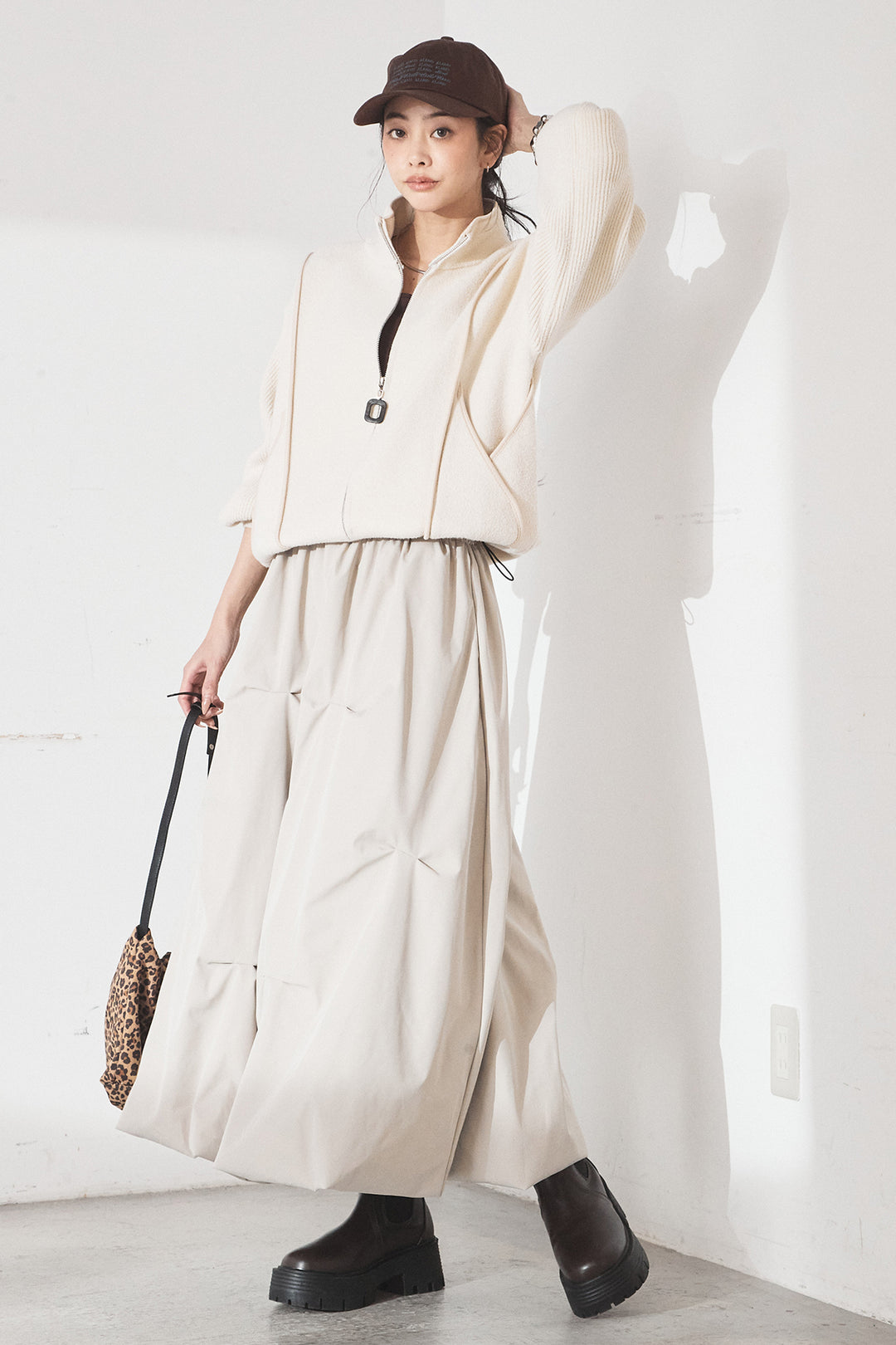 [SET]ハイネックパイピングデザインブルゾン+ランダムタックバルーンスカート(2set)