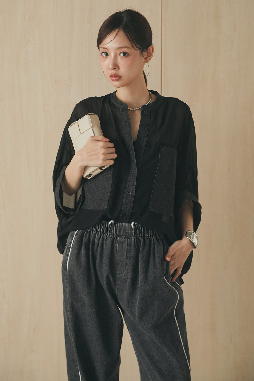 [SET]デニムライクビッグツーポケシアーシャツ+ドロストサイドラインデニムパンツ(2set)