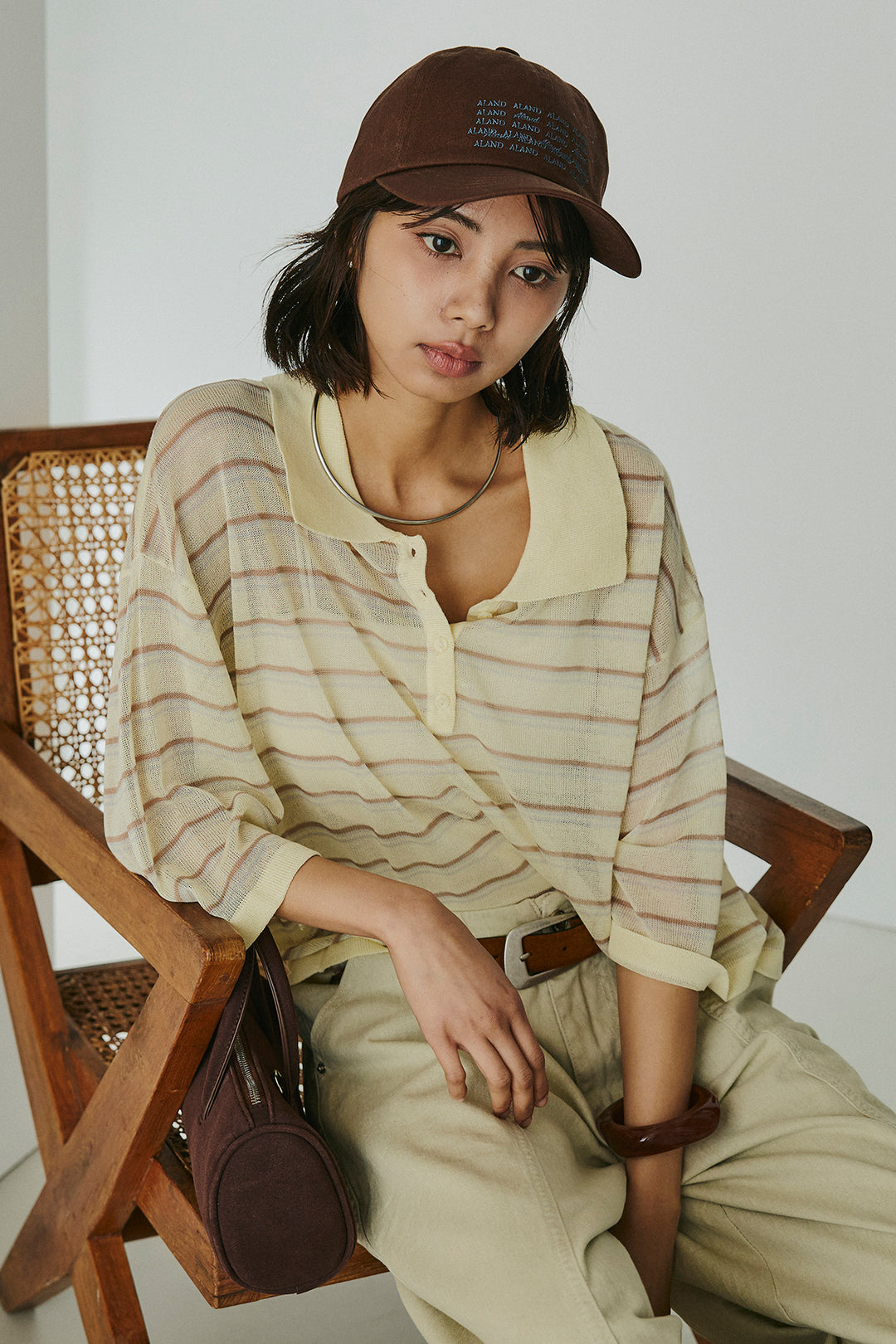 [SET]ボーダーニットポロシャツ+サイドベルトカーブワイドパンツ(2set)