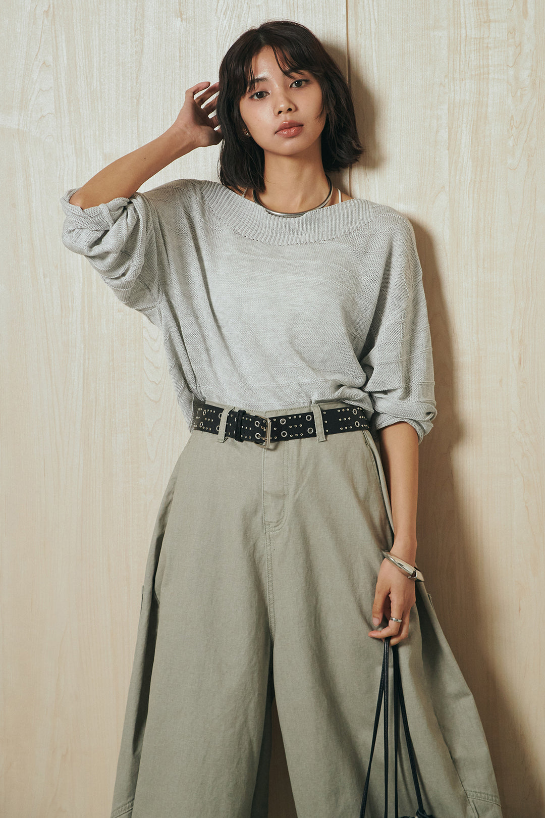 [SET]麻混リラックスニットトップス+ベルト付きカラーデニムパンツ(2set)