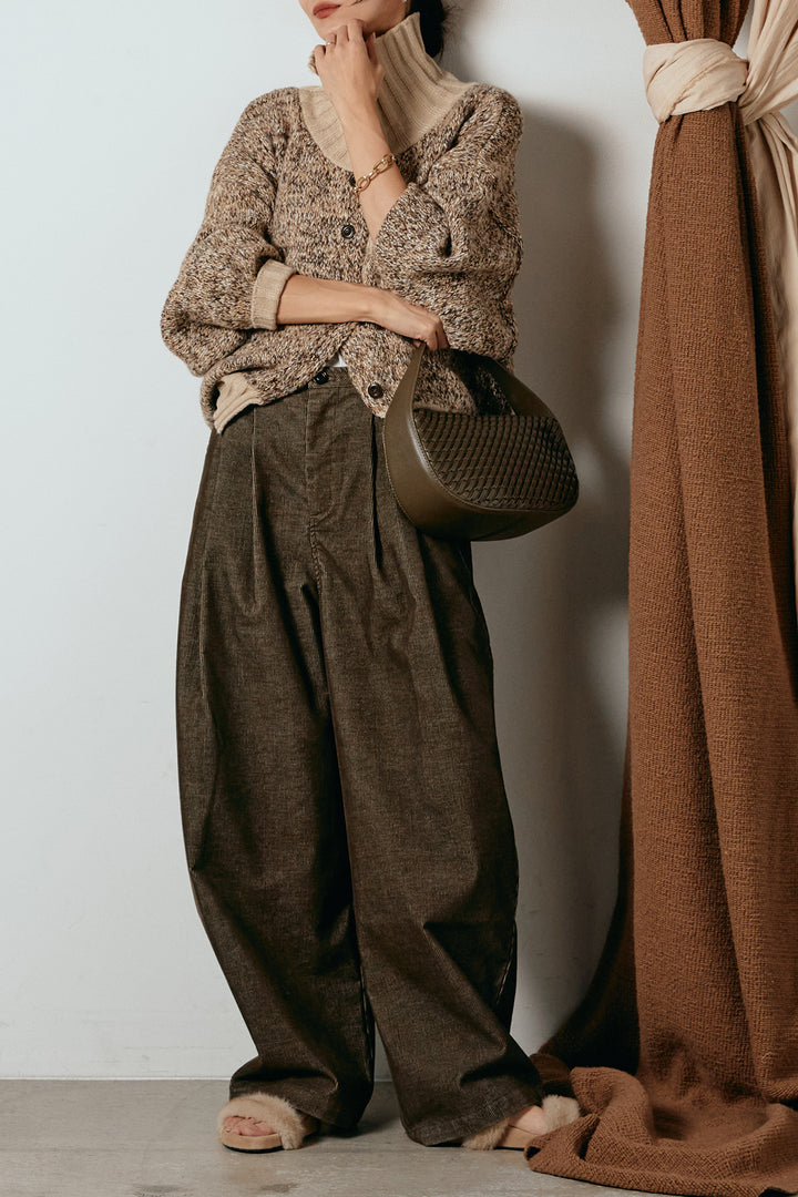 [SET]ハイネックミックスニットカーディガン+フロントタック入りコーデュロイパンツ(2set)