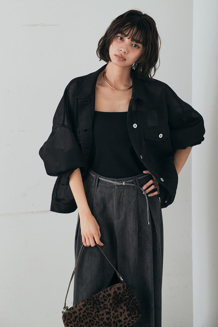 [SET]シアーダンボールサイドドロストジャケット+紐ベルト付きかすれ柄ワイドスラックス(2set)