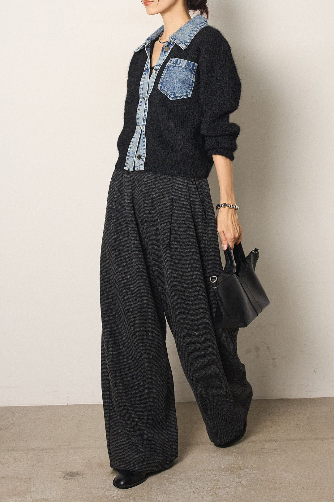 [SET]襟付きデニム切替ニットカーディガン+起毛タック入りツイードワイドパンツ(2set)