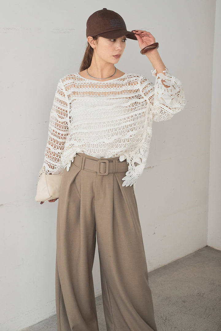 [SET]裾デザインメッシュプルオーバー+ベルト付きツータックワイドパンツ(2set)