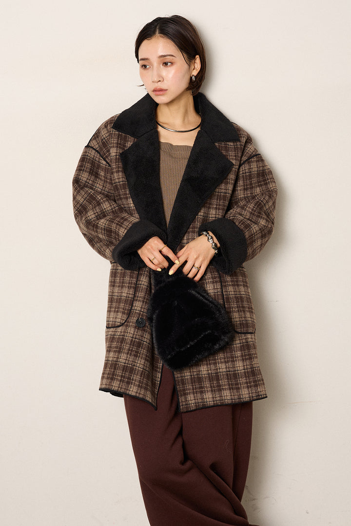 [SET]裏地ボアタータンチェック柄ミディアムコート+裏起毛スウェットワイドパンツ(2set)