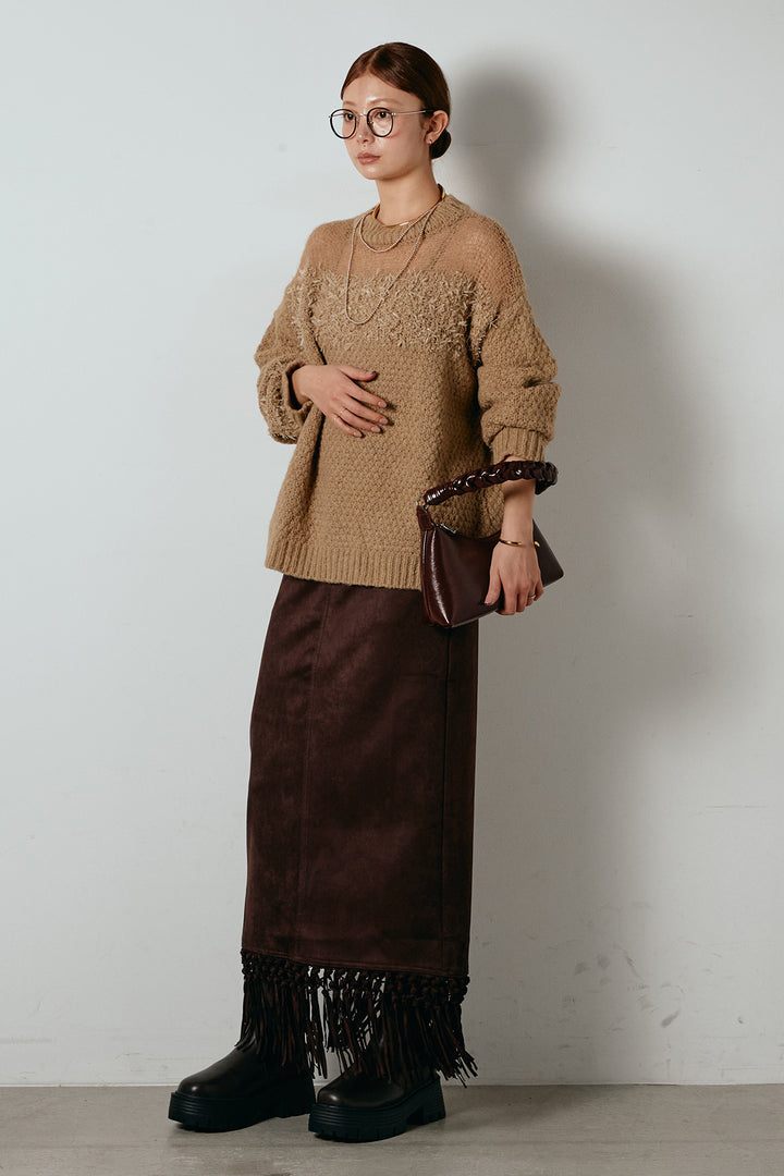 [SET]パターンランダム編みニットトップス+スウェードライク裾フリンジスカート(2set)