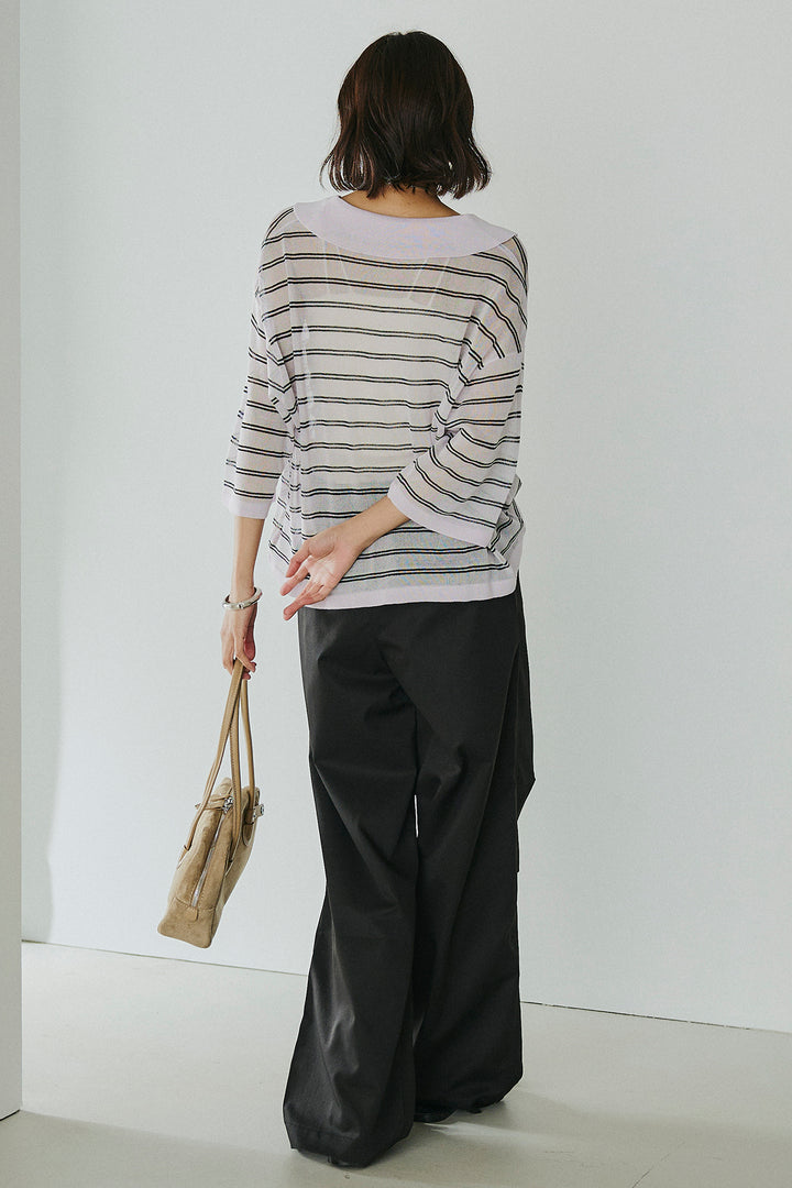 [SET]ボーダーニットポロシャツ+ニーサイドタックウエストドロスパンツ(2set)