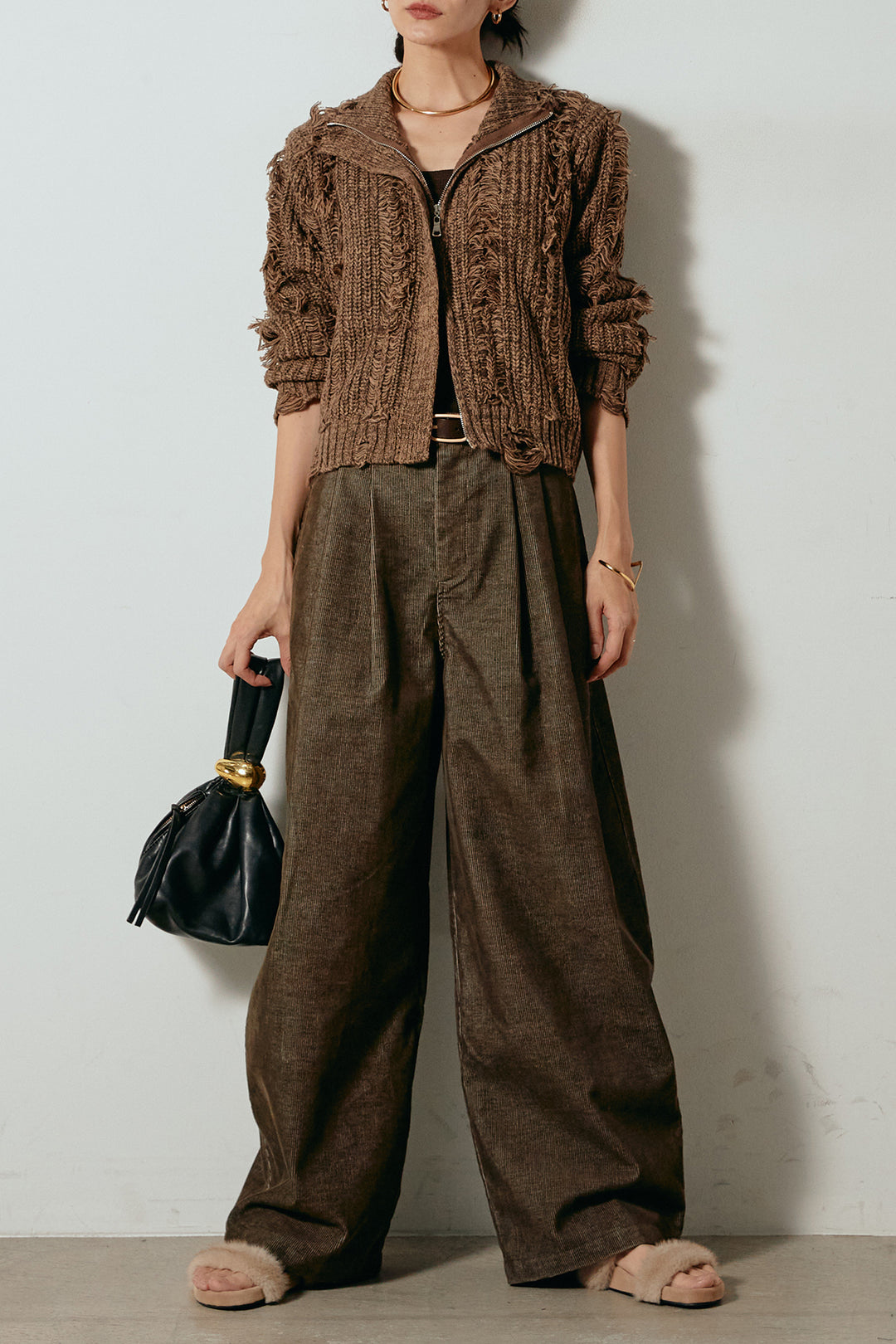 [SET]ハイネックフリンジジップニットトップス+フロントタック入りコーデュロイパンツ(2set)