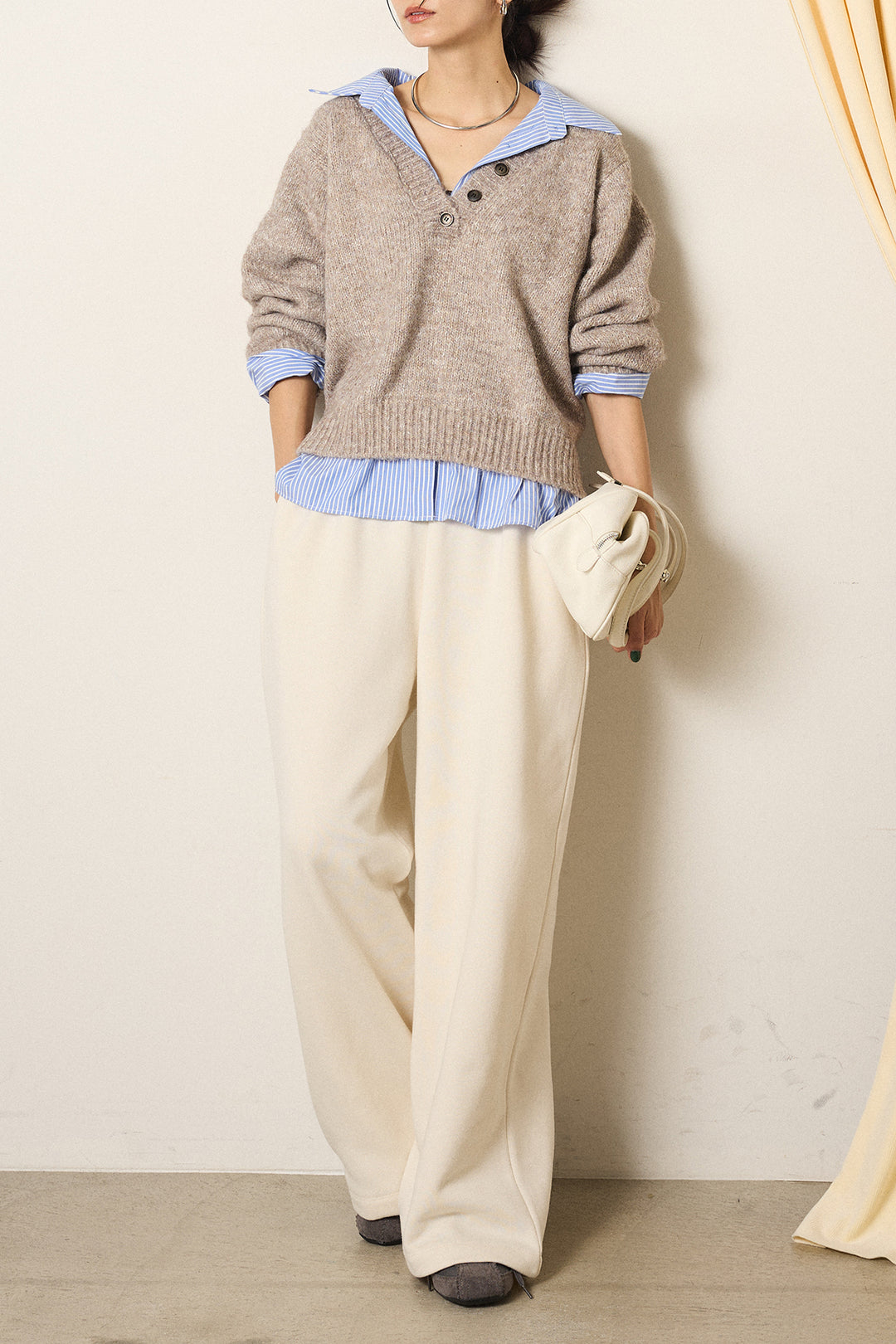 [SET]ストライプシャツドッキングニットポロトップス+裏起毛スウェットワイドパンツ(2set)