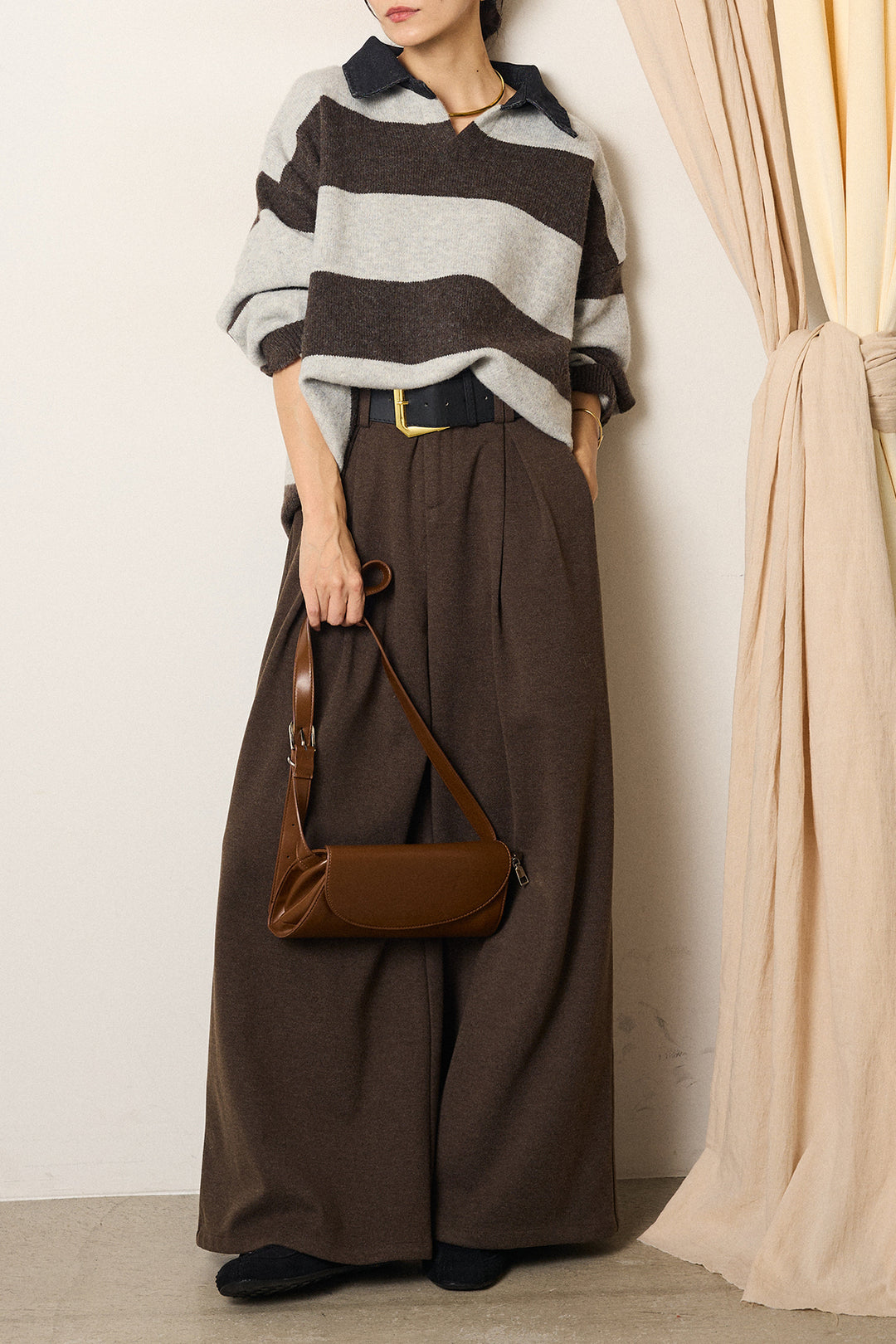 [SET]デニムカラーボーダールーズニット+ゴールドバックル太ベルト付きワイドパンツ(2set)