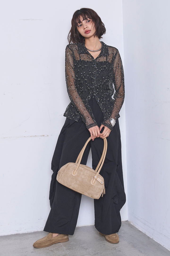 [SET]ネップメッシュポロ襟カーディガン+ドライタフタタックバレルパンツ(2set)