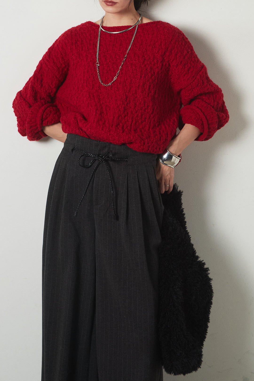 [SET]ボリューム編みニットプルオーバー+編みベルト付きピンストライプワイドパンツ(2set)