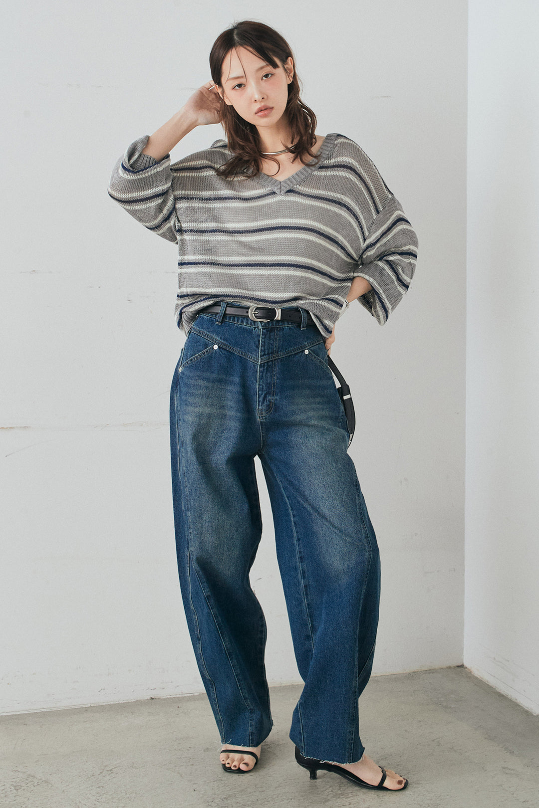 [SET]綿タッチVネックボーダートップス+デニムヨークパンツ(2set)