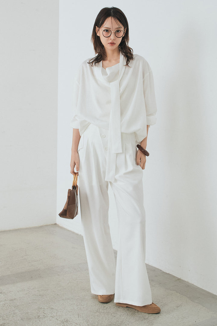 [SET]ニュアンスボータイブラウス+斜めボタンタック入りスラックス(2set)