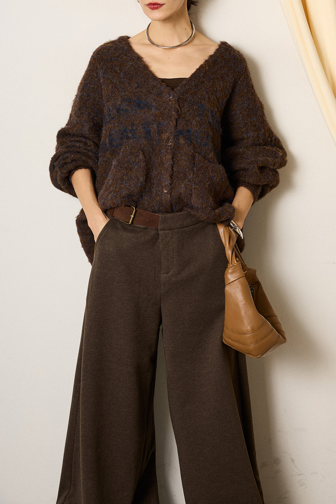 [SET]ウール混透かしロゴニットカーディガン+サイドベルトパンツ(2set)