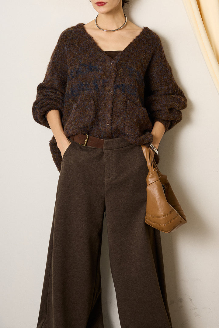 [SET]ウール混透かしロゴニットカーディガン+サイドベルトパンツ(2set)