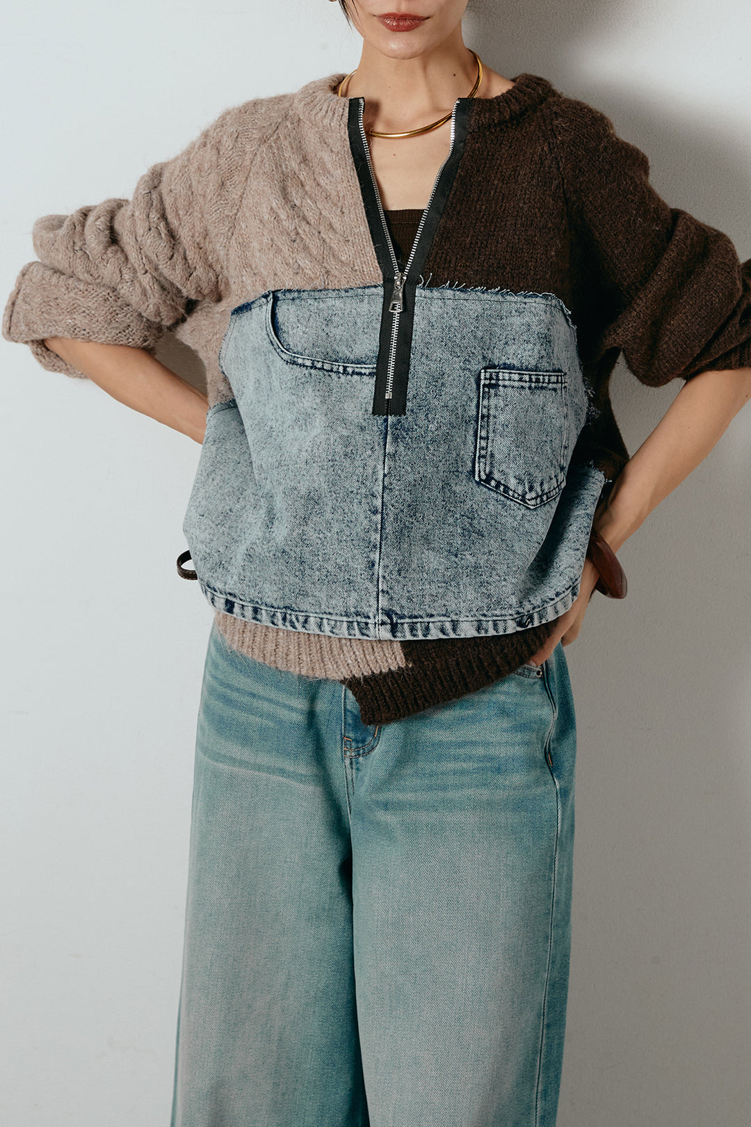 [SET]ハーフジップニットデニムドッキングトップス+ウエストダブルボタンワイドデニムパンツ(2set)