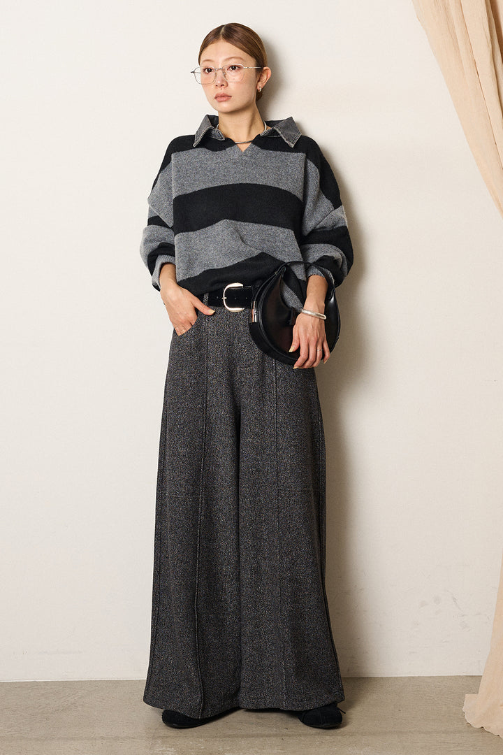 [SET]デニムカラーボーダールーズニット+太ベルト付きツイードワイドパンツ(2set)