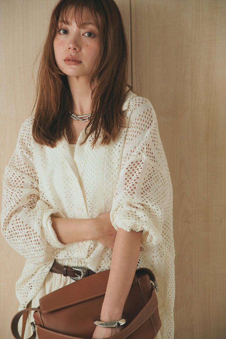 [SET]長袖襟付きレースシャツ+ポケットタックフォルムパンツ(2set)