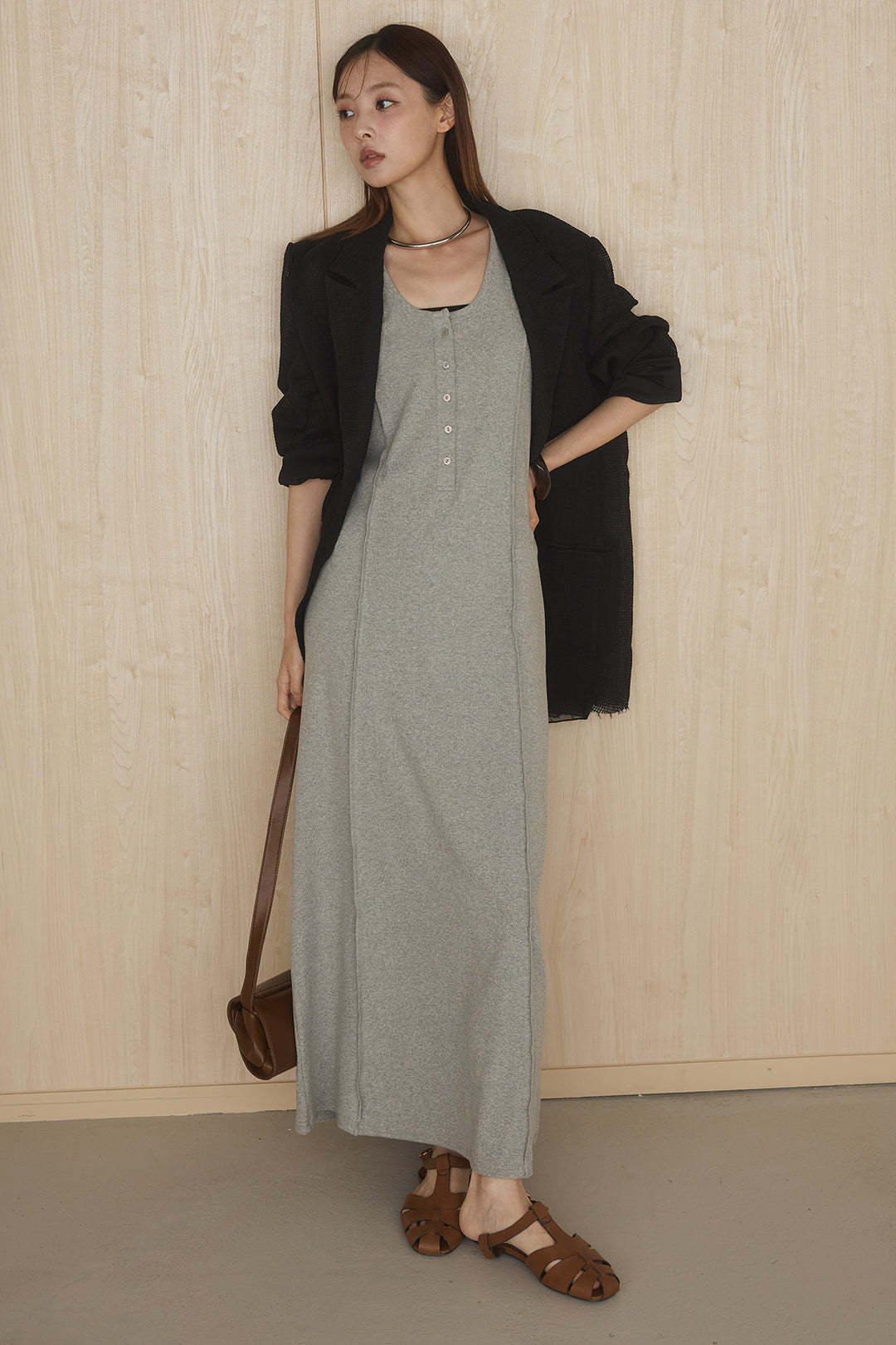 [SET]メッシュテーラードワイドジャケット+ノースリロングワンピース(2set)