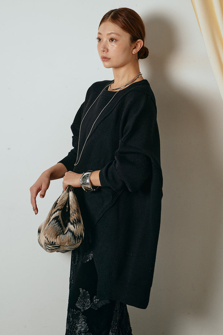 [SET]アシンメトリーデザインニットトップス+フラワー刺繍ワイドスカート(2set)