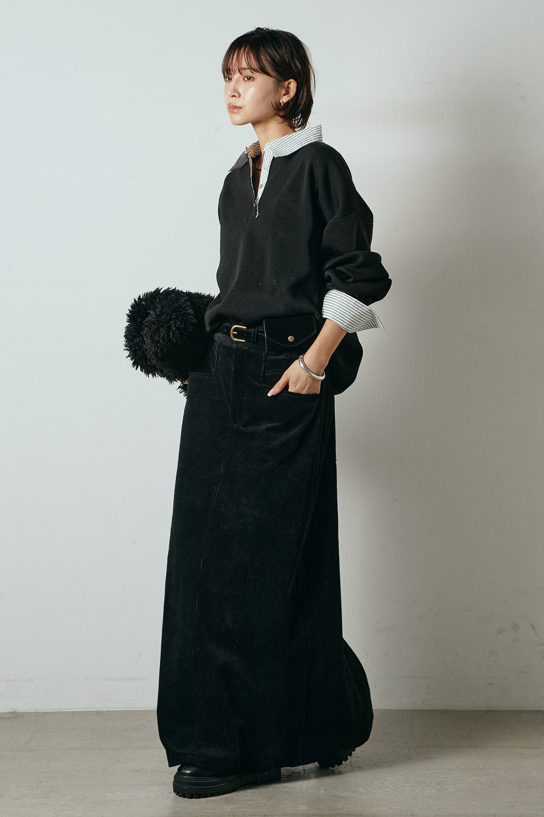 [SET]ストライプシャツドッキングポロトップス+ポーチベルト付きコーデュロイワイドスカート(2set)