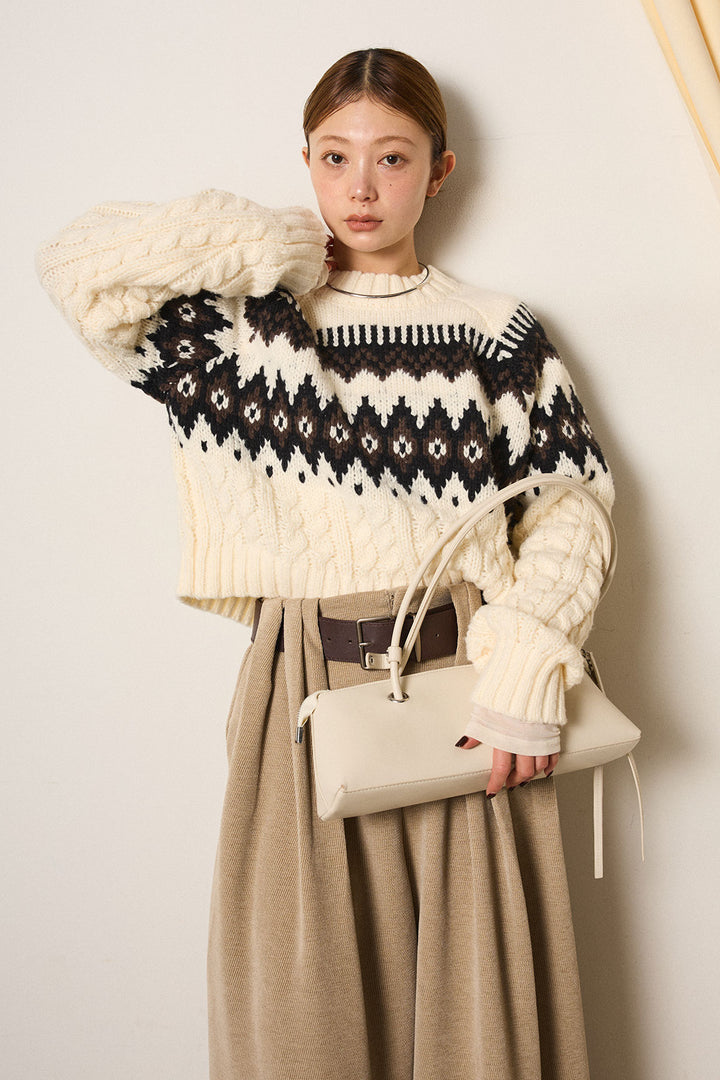 [SET]2WAY求心柄ジャガードショートカーディガン+2WAY袖コード刺繍クルーネックプルオーバー(2set)