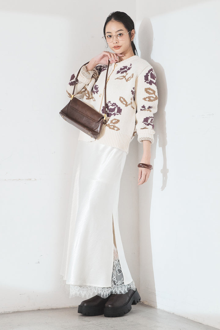[SET]花柄ジャガードニットカーディガン+裾レースデザインサテンスカート(2set)