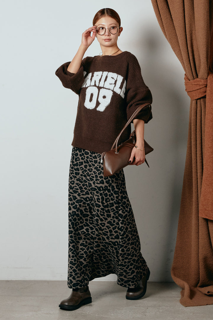[SET]ロゴジャガードニットトップス+レオパードロングスカート(2set)
