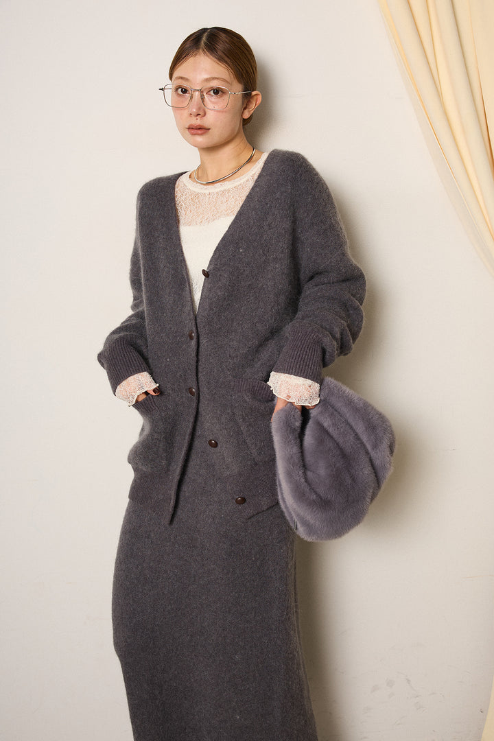[SET]丸ボタン起毛ニットカーディガン+起毛ニットロングスカート+ストレッチレースクルーネックプルオーバー(3set)