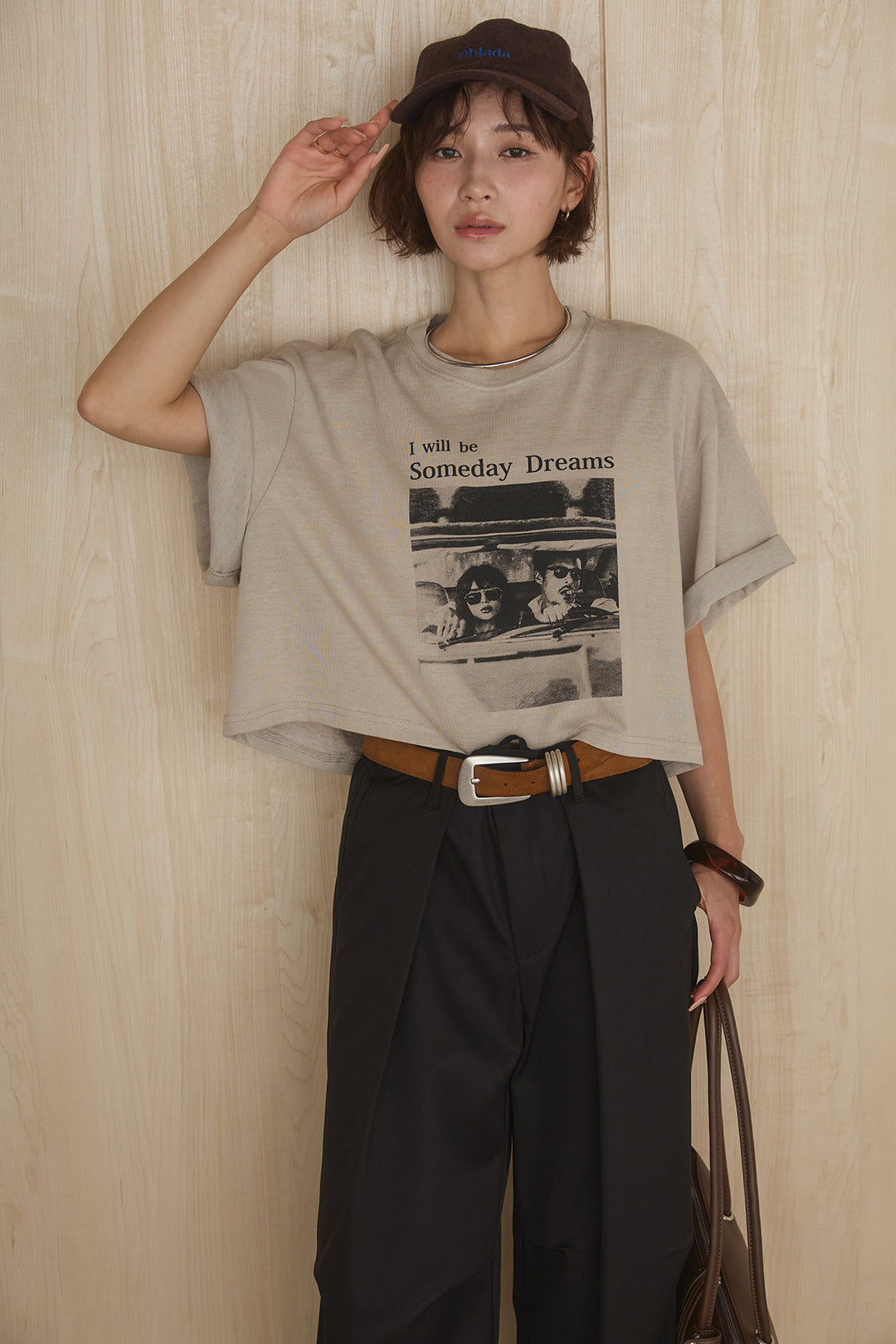 [SET]グラフィックサムデイワイドクロップドT+ニーサイドタックウエストドロストパンツ(2set)