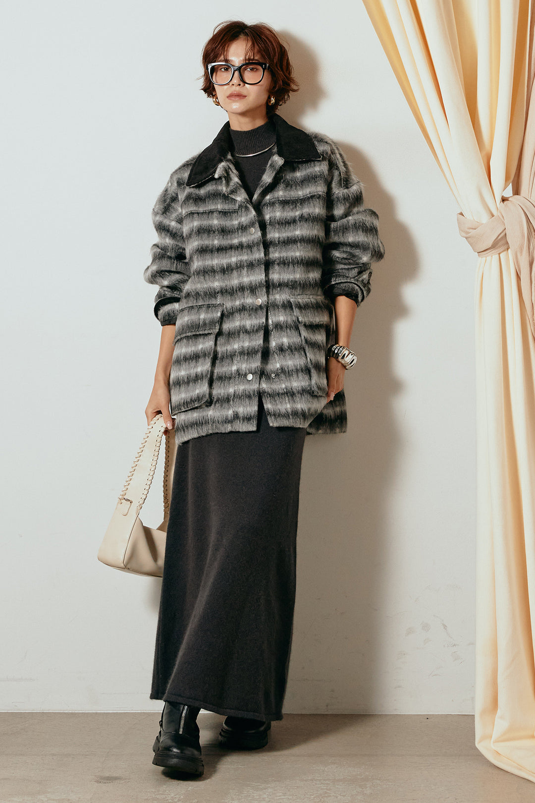 [SET]チェックシャギーミドルカバーオール+ノースリーブニットロングワンピース(2set)