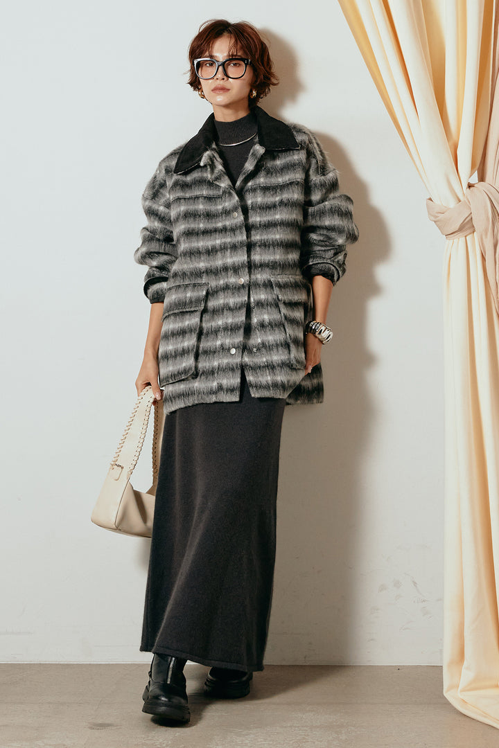 [SET]チェックシャギーミドルカバーオール+ノースリーブニットロングワンピース(2set)