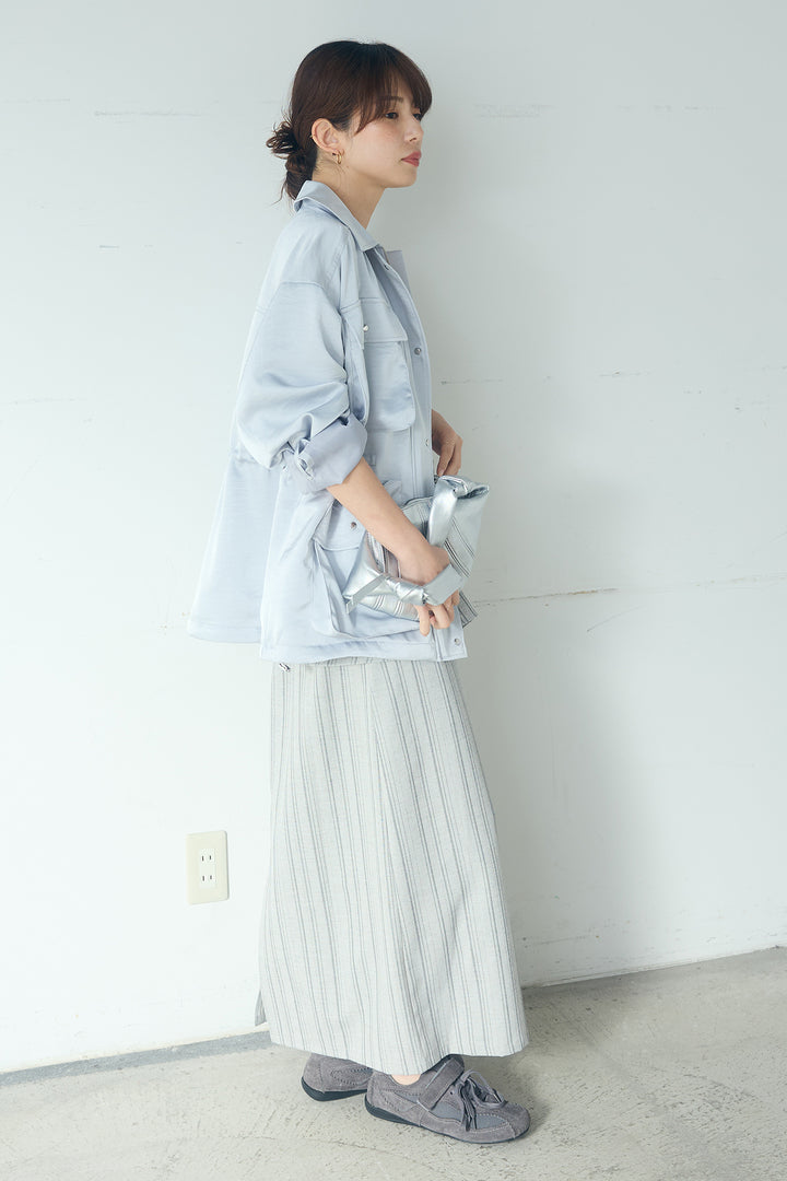 [SET]サテンライトブルゾン+ラップ巻きピンストライプワイドスカート(2set)