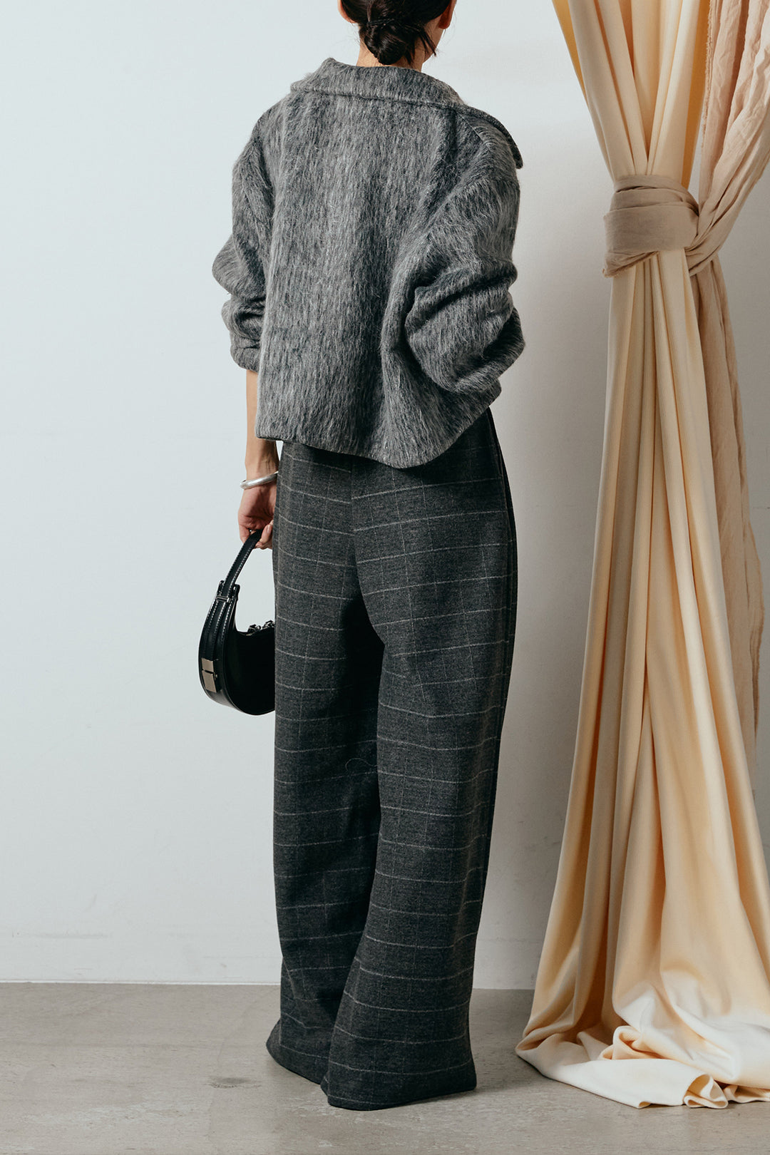 [SET]シャギーショートジャケット+スクエアチェック柄ワイドパンツ(2set)