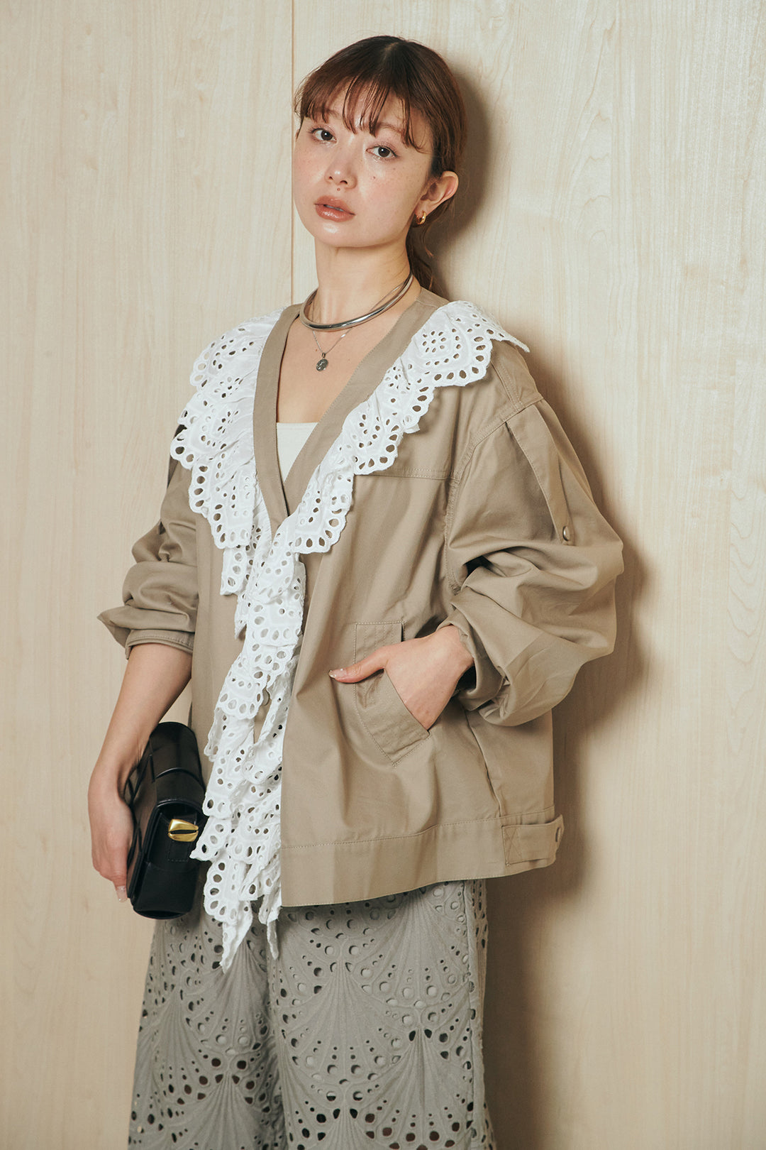 [SET]レースフリルドッキングアウター+レース刺繍リラックスパンツ(2set)