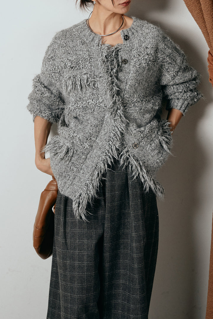 [SET]フリンジニットカーディガン+ウールライクチェックタックパンツ(2set)
