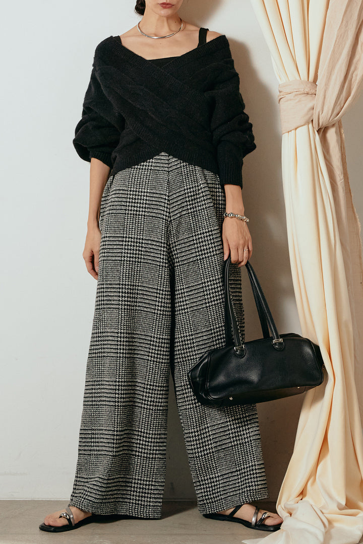 [SET]ケーブルカシュクールニットトップス+前後2wayグレンチェック柄スカーチョサロペット(2set)