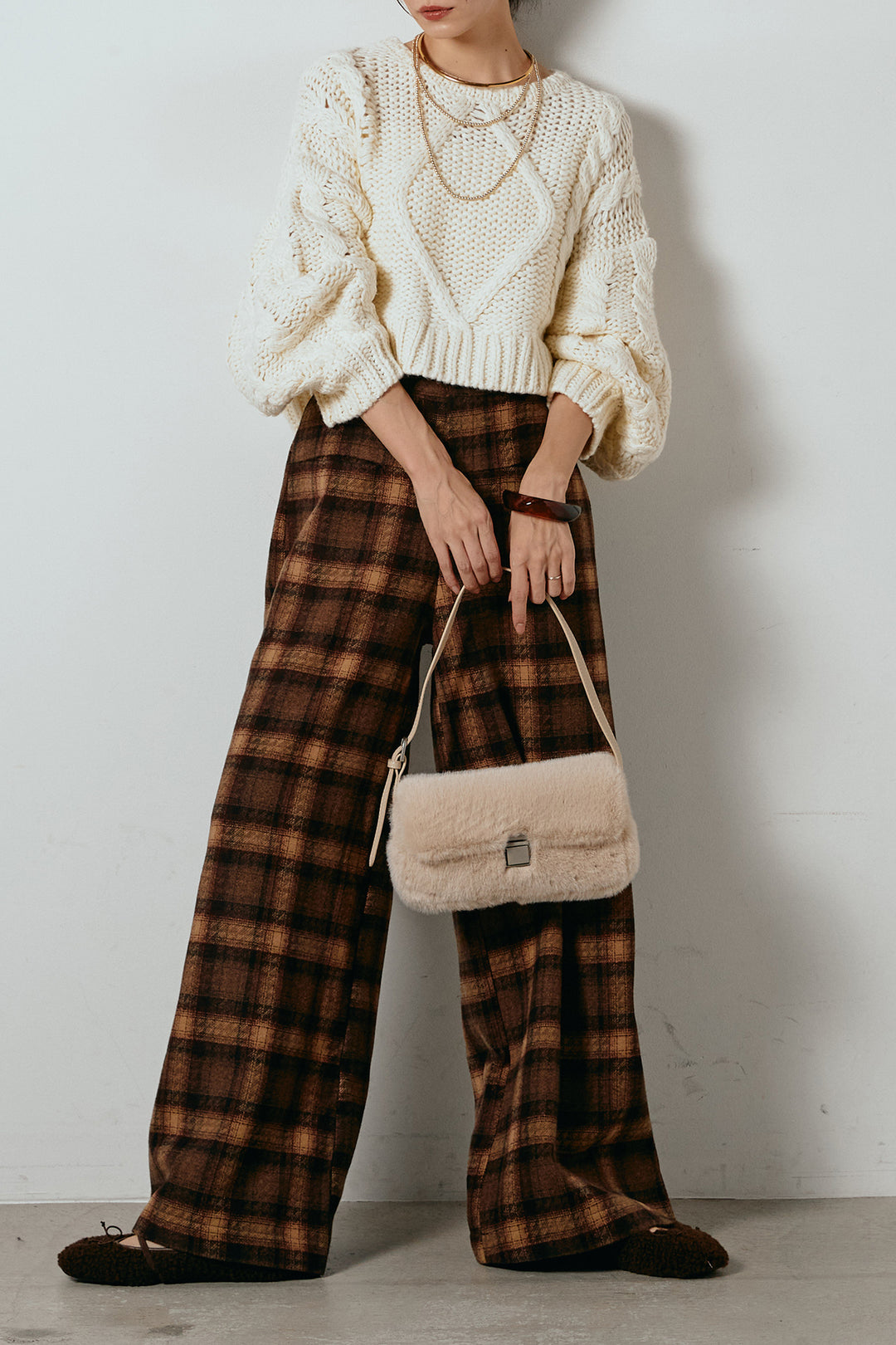 [SET]ロービングケーブルショート丈プルオーバー+ルーズタータンチェックワイドパンツ(2set)